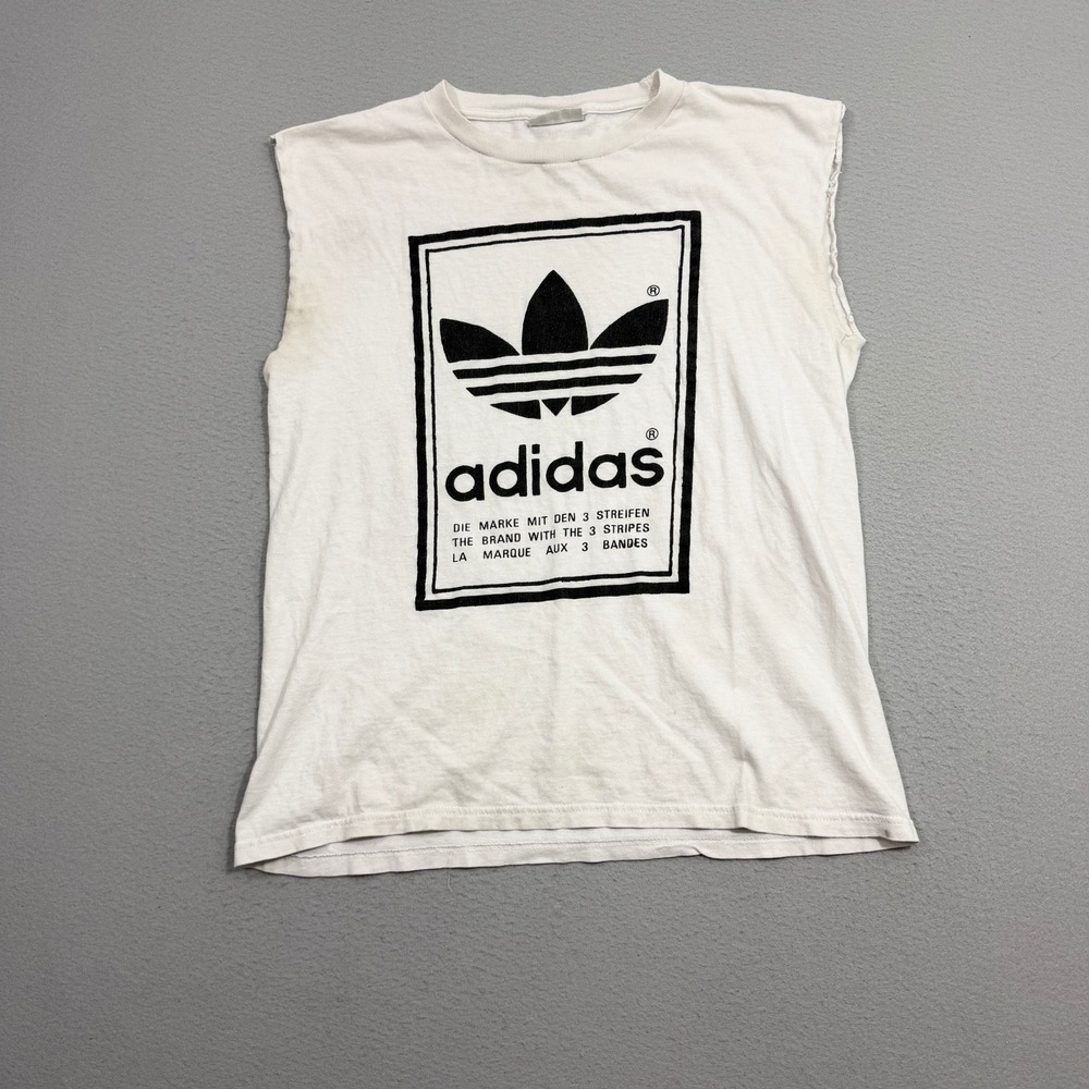 Vintage Adidas Sleeveless Shirt Large White Trefoil Graphic Cut Off Muscle Tee